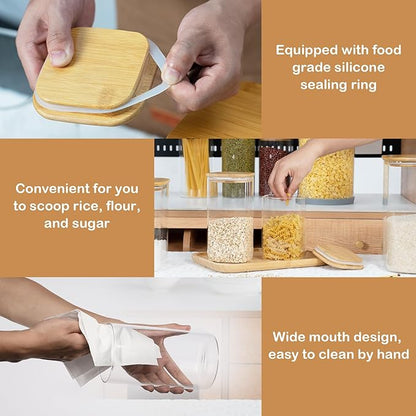 22oz Airtight Square Spice Containers with Bamboo Lid Set of 6 (650ml) Kitchen Pantry Organization Jar Stackable Spice Jar, for Sugar, Tea, Cookies and Coffee beans (‎with Black Lable)