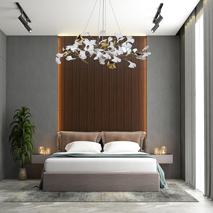 39" Dining Room Modern Leaf Chandelier, Gold Branch Chandeliers with Ceramic Ginkgo Leaves, 5-Light Hanging Brass Pendant Light Fixture for Living Room, Dining Room, Foyer High Ceiling