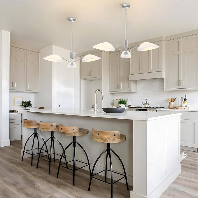 MEXO Modern Glass Chandeliers, Sputnik Chandelier Satin Nickel Pendant Lighting Fixture Glass Shade Ceiling Light for Dining Room Kitchen Island