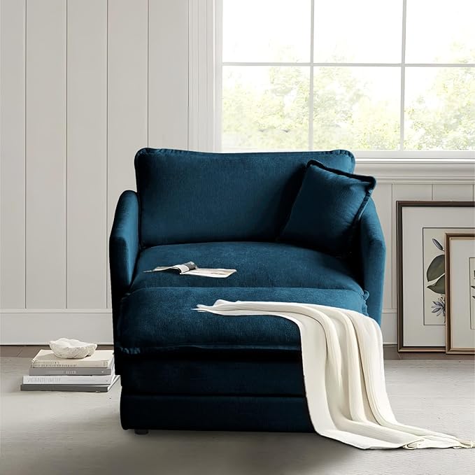 SoarFlash Chenille Sectional Sofa, Comfy Modular Single Sofa with Ottoman, Modern Recliner Deep Seat Sofa Set for Living Room,Deep Blue