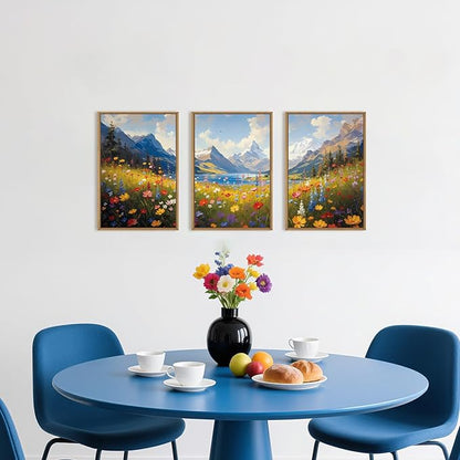 HOURIA Colorful Wildflower Mountain Framed Canvas Wall Art Set,Blue Sky Lake Green Tree Grass Wall Decor,Nature Flower Artwork,Field Scenery Art Prints for Living Room,Bedroom,Farmhouse-16 x24 x3
