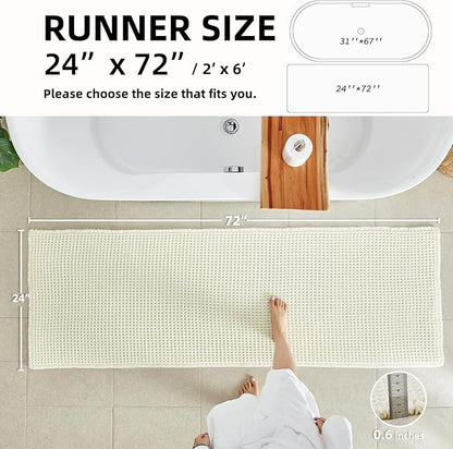 Cream White Long Bathroom Rugs, Waffle Runner Rug Bathroom Non Slip Washable Super Absorbent Quick Dry Boho Farmhouse Bath Mat, 72"x24" Cream White