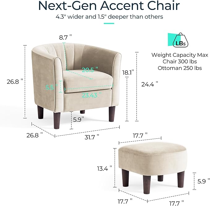 LINSY Accent Chair with Ottoman, Modern Armchair Comfy Barrel Reading Chair with Footrest for Living Room Bedroom Reading Room, Velvet, Beige