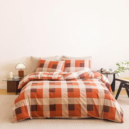CLOTHKNOW Plaid Queen Comforter Set Gingham Buffalo Bedding Comforter Sets Rust Brown Khaki Geometric Comforter Queen Sets with 2 x Pillow Cases