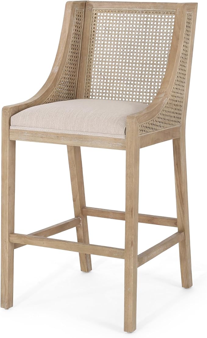 Merax 30" Fabric Upholstered Wood and Cane Barstools with Backrest,Set of 2,French Country Counter Stools Dining Chair