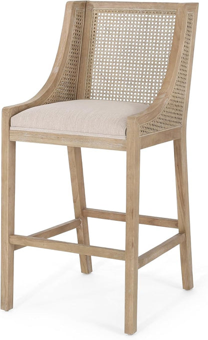 Merax 30" Fabric Upholstered Wood and Cane Barstools with Backrest,Set of 2,French Country Counter Stools Dining Chair