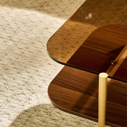 Saint Mossi Tadio Oval Glass Coffee Table, Double Layer Coffee Table for Living Room, Brown Glass & Coffee Brown MDF Bottom Shelf, H17xL47xW21