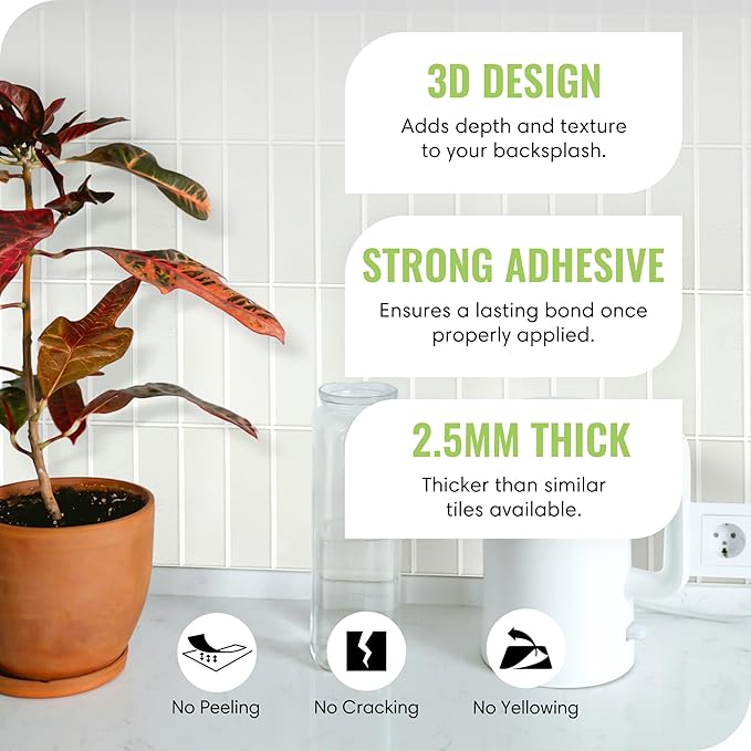 5 Pack Peel and Stick Backsplash Subway Tiles, Extra Thick 3D Wall Panels, Heat & Water Resistant, Easy DIY Kitchen, Bathroom, Laundry, Fireplace & Rental Home Wall Décor (12 x 12 in), Stone White