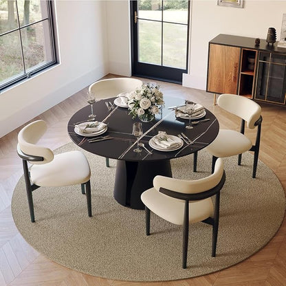 POVISON Round Dining Table for 4, 47" Modern Circle Dining Table, Glossy Black Sintered Stone Dining Tabletop with Black Carbon Steel Pedestal for Living Room (Dining Room Table Only)