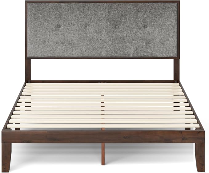 ZINUS Moiz Wood Platform Bed Frame with Adjustable Upholstered Headboard, Solid Wood Bed, Wood Slat Support, No Box Spring Needed, Easy Assembly, Queen
