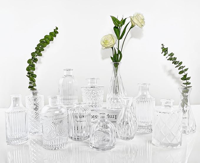 Glass Bud Vases Set of 12, Small Vases for Centerpieces, Vintage Mini Vases for Wedding Decor, Clear Glass Bud Vase in Bulk, Office and Home Table Flower Décor