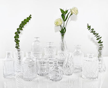 Glass Bud Vases Set of 12, Small Vases for Centerpieces, Vintage Mini Vases for Wedding Decor, Clear Glass Bud Vase in Bulk, Office and Home Table Flower Décor