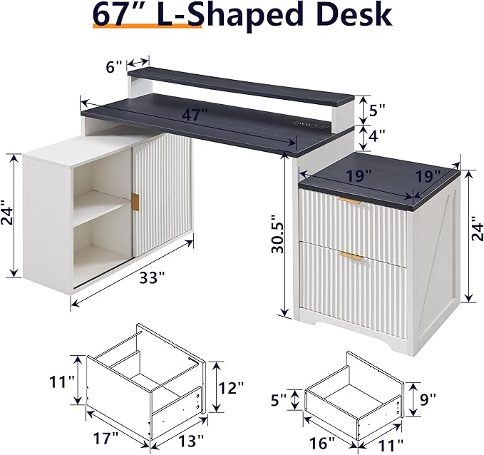JXQTLINGMU 67" Modern L Shaped Desk with Storage Cabinet & Drawers, Wood Home Office Desk with Power Outlets, Fluted Computer Writing Desk, Antique White