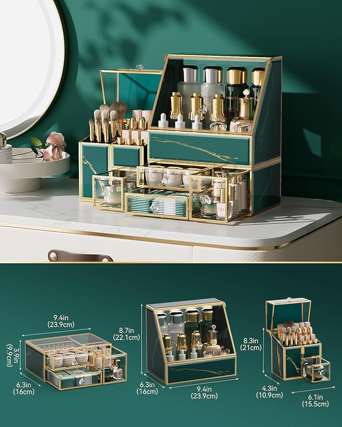 Makeup Organizer Green– Large Vanity Organizer for Skincare, Lipsticks, Perfume & Brushes – Countertop Cosmetic Storage Box for Women, Bathroom or Dresser.