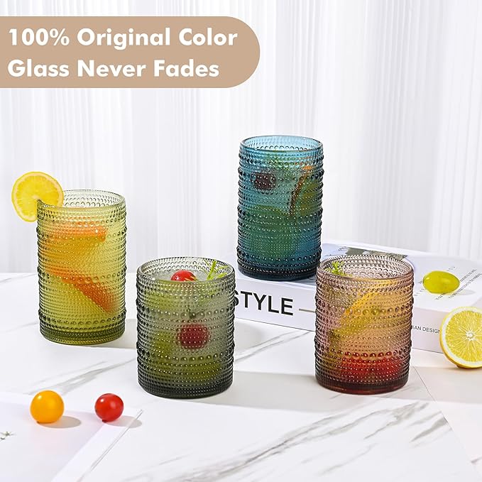 Vintage Hobnail Drinking Glasses Set of 8,Colored 12 oz & 15oz Highball Glass Cups, Kitchen Drinkware Glassware