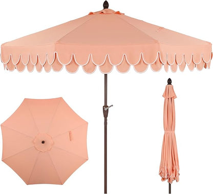 JONATHAN Y UMB1002E Tracy 9 ft. Classic MidCentury Scalloped Fringe Market Patio Umbrella with Auto-Tilt, Crank, Wind Vent and UV Protection in Coral Pink/White
