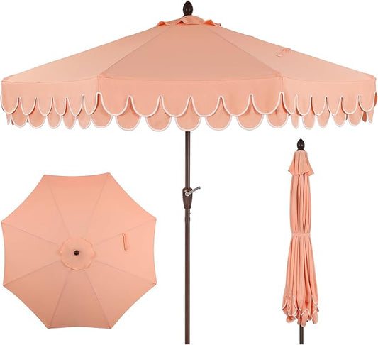 JONATHAN Y UMB1002E Tracy 9 ft. Classic MidCentury Scalloped Fringe Market Patio Umbrella with Auto-Tilt, Crank, Wind Vent and UV Protection in Coral Pink/White