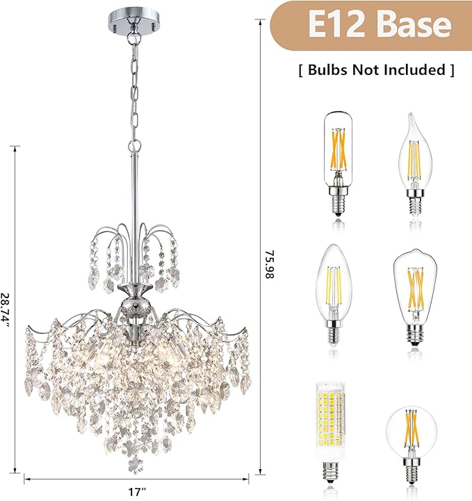 Q&S Modern Crystal Chandelier Chrome Pendant Light 6 Lights for Dining Room Kitchen Island Entryway Bathroom Hallway UL Listed
