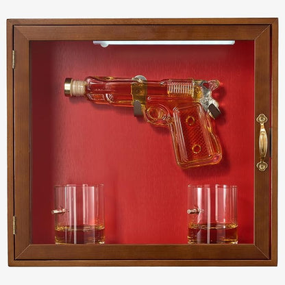 Pistol & Bullet Shot Glasses Hanging Wall Display Case With Light - 7.7 Pistol Gun Decanter & 10oz Glassware - Military Gifts, Veteran Gifts, Law Enforcement Gifts Home Bar Gifts, Drinking Accessories