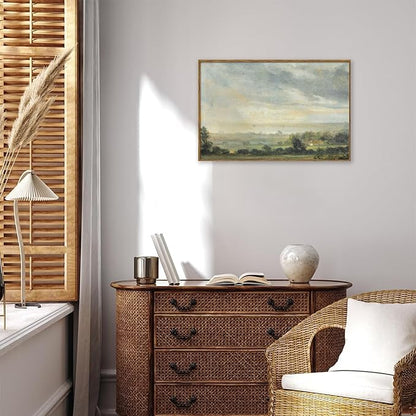 KBKBART Framed Vintage Landscape Wall Art Prints, Retro Green Forest Valley Nature Wilderness Illustrations Canvas Painting, Farmhouse Decor Wall Art Ready To Hang for Bedroom, Living Room, Bathroom,