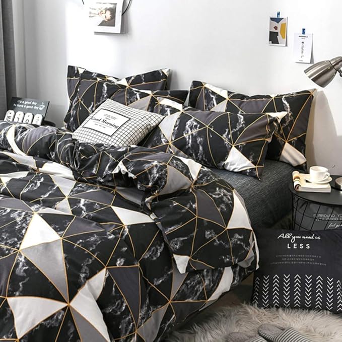 CLOTHKNOW Black Grey White Queen Comforter Set Marble Bedding Comforter Sets Soft Triangle Geometric Comforter with 2 x Pillow Cases