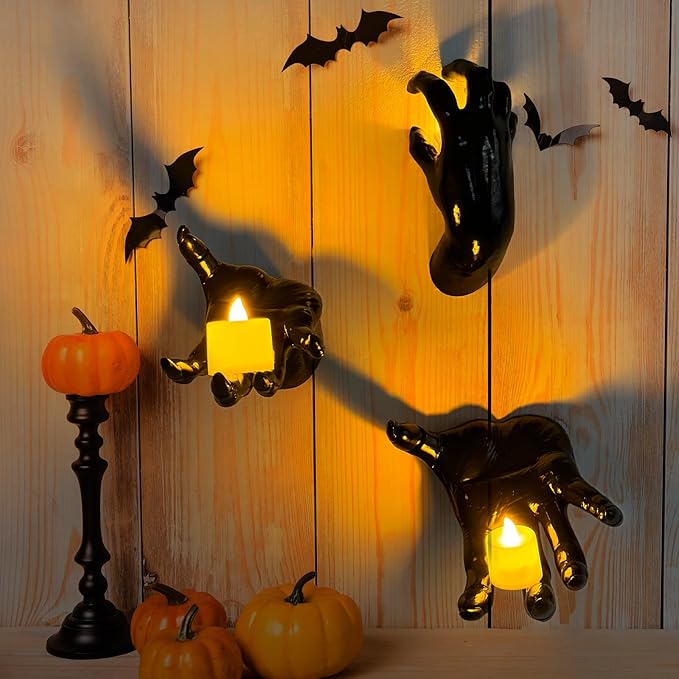DAZONGE Halloween Decorations Indoor/Outdoor, Pack of 3 Wall Mounted Creepy Reaching Hands with Candles, Life-Sized Horror Hands for Wall Decorations, Gothic Hanging Wall Art Sculpture