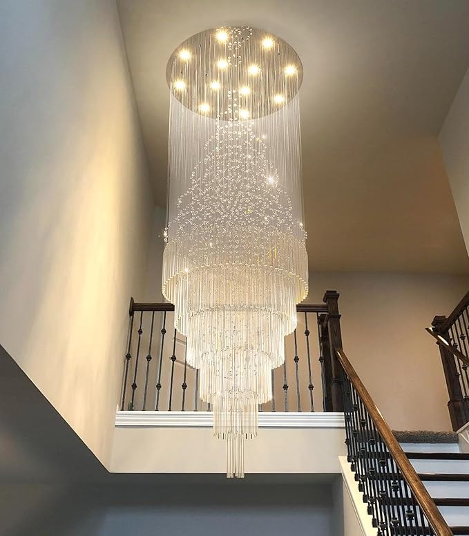 W32 x H100 Glam Chandelier with LED Bulbs Crystal Raindrop High Ceiling Pendant Light for Entrance Large Villa Chandelier Foyer Lighting Fixtures Silver