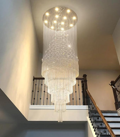 W32 x H100 Glam Chandelier with LED Bulbs Crystal Raindrop High Ceiling Pendant Light for Entrance Large Villa Chandelier Foyer Lighting Fixtures Silver