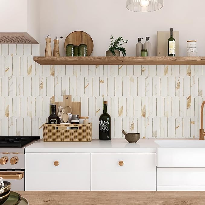 Vamos Tile Peel and Stick Backsplash Seamless Tile,1-Sheet Stick on Backsplash for Kitchen & Bathroom, Calacatta Gold+Matt Pure White Marble Look PVC+ Light Gold Self Adhesive Backsplash Tile（Sample）