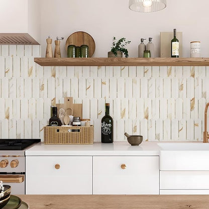 Vamos Tile Peel and Stick Backsplash Seamless Tile,1-Sheet Stick on Backsplash for Kitchen & Bathroom, Calacatta Gold+Matt Pure White Marble Look PVC+ Light Gold Self Adhesive Backsplash Tile（Sample）