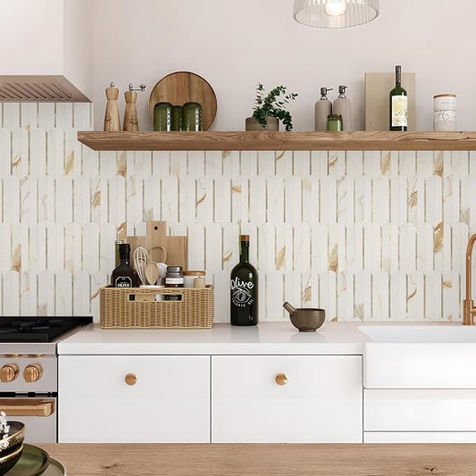 Vamos Tile Peel and Stick Backsplash Seamless Tile,10 Sheets Stick on Backsplash for Kitchen & Bathroom, Calacatta Gold+Matt Pure White Marble Look PVC+ Light Gold Self Adhesive Backsplash Tile