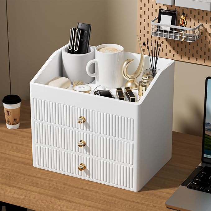 Office Accessories,Begie White Vegan Leather Office Supplies with 3 Drawers & Tray for Desk,Perfume Organizer with Gold-Tone Metal Accents Knob Bedroom