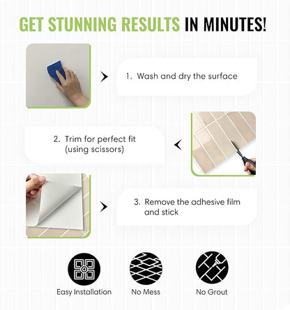 5 Pack Peel and Stick Backsplash Subway Tiles, Extra Thick 3D Wall Panels, Heat & Water Resistant, Easy DIY Kitchen, Bathroom, Laundry, Fireplace & Rental Home Wall Décor (12 x 12 in), Almond