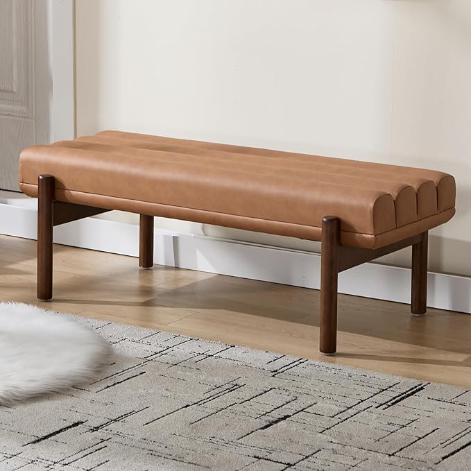 47" Modern Upholstered End of Bed Bench, Brown PU Leather Channel Tufted Entryway Bench with Wood Legs, Comfy Bedroom Bench Long Ottoman for Living Room Hallway Vanity Room