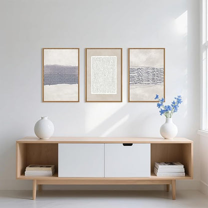 HOURIA Blue White Abstract Neutral Framed Canvas Wall Art Set,Minimalist Boho Waves Lines Wall Decor,Modern Geometric Shapes Print,Mid Century Grunge Artwork for Living Room,Bedroom,Office- 24"x36"x3