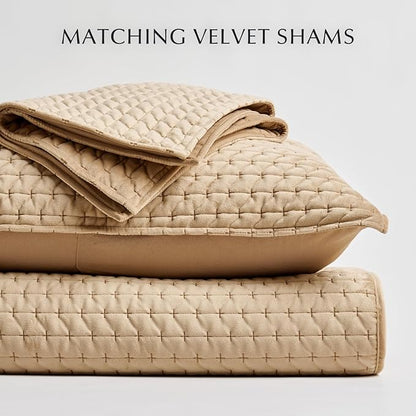 EVERGRACE Luxury Velvet Quilt Set King Size 3 Piece, Soft Cross-Stitch Velvet Comforter Set with Pillow Shams, Lightweight Coverlet Bedspread Bedding Set for All Seasons, Camel