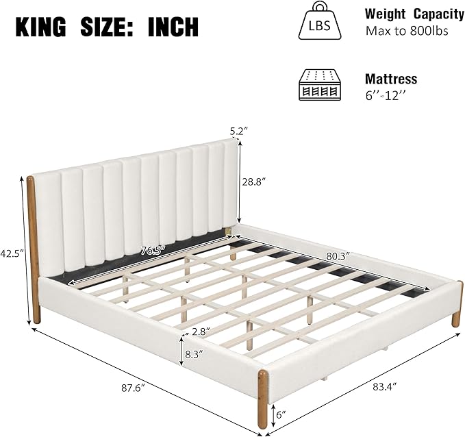 King Size Bed Frame, Upholstered Cloud Boucle Platform Beds Frames with Headboard, Anti-Collision Soft Rounded Corners Footboard, No Box Spring Required, Easy Assembly (42.5" White, King)