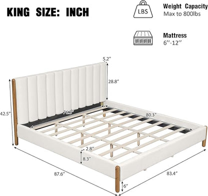 King Size Bed Frame, Upholstered Cloud Boucle Platform Beds Frames with Headboard, Anti-Collision Soft Rounded Corners Footboard, No Box Spring Required, Easy Assembly (42.5" White, King)