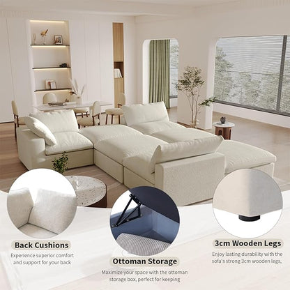 160.6" Cloud Couch Modular Sectional Sofa for Livingroom,Oversized Convertible Sofa with Storage Ottomans,6 Seat Wide Couches,Cushion Covers Removable (Khaki, 6 Seater)