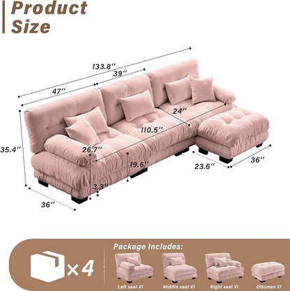 SoarFlash Sectional Sofas Couches for Living Room, L Shaped Couch Sofa Set, Small Couches for Small Spaces, Apartment with Movable Ottoman, Pink