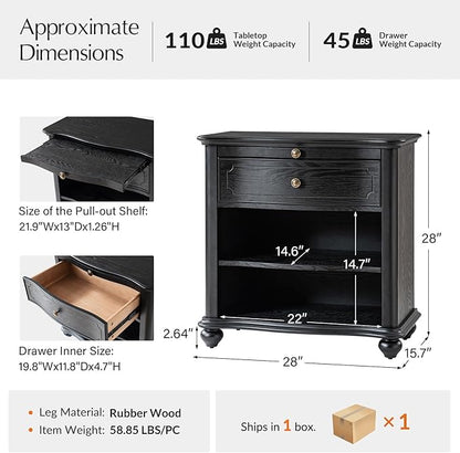 HULALA HOME Wooden Nightstand with Pull-Out Shelf, Mid Century Modern Nightstand with Solid Wood Drawers and Legs, Adjustable Storage, Black