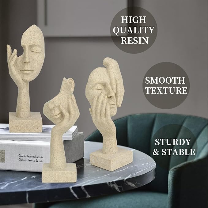 3 Pcs Thinker Statue,Modern Home Resin Sculptures, Decorative Objects Collectible Figurines for Home Office Bookshelf Desktop Decor(Sandstone)