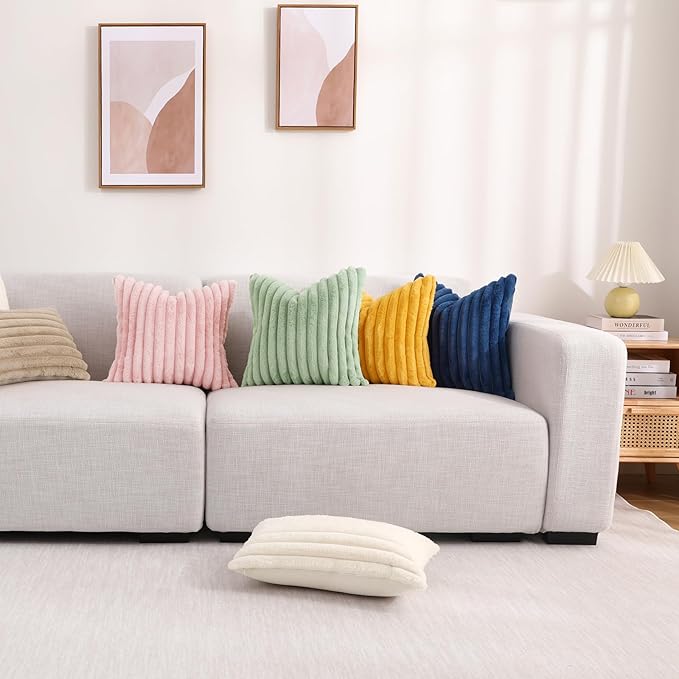 decorUhome Faux Fur Throw Pillow Covers 16x16 Set of 2, Decorative Soft Plush Striped Neutral Euro Pillow Covers with Velvet Back for Bed, Living Room Home Decor, Beige