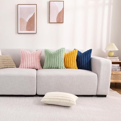 decorUhome Faux Fur Throw Pillow Covers 16x16 Set of 2, Decorative Soft Plush Striped Neutral Euro Pillow Covers with Velvet Back for Bed, Living Room Home Decor, Beige