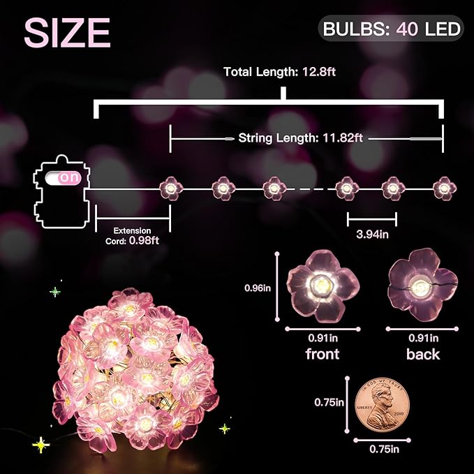 suddus Cherry Blossom Lights, 12.8 ft 40 LED Flower String Lights Battery Operated with Remote, Decorative Pink Fairy Light for Bedroom, Holiday, Partry, Indoor