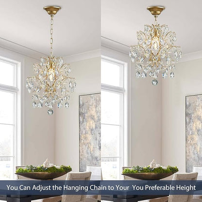 Bestier Gold Modern Pendant Chandelier Crystal Raindrop Lighting Ceiling Light Fixture Lamp for Dining Room Bathroom Bedroom Livingroom entryway 1 E26 Bulbs Required D13 in x H16 in