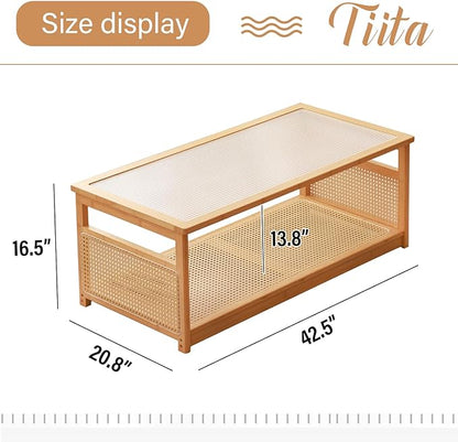 Tiita Coffee Tables for Living Room，Mid Century Modern Storage 2-Tier Coffee Tables，Rattan Glass RectangleTables，Suitable for Living Room Apartment，Wood