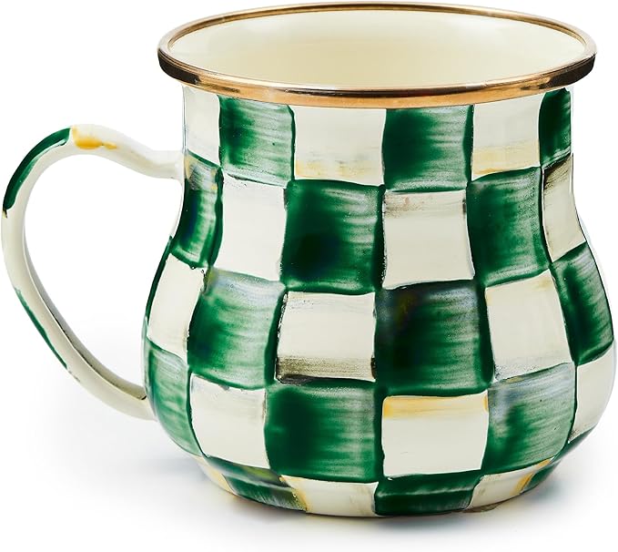 MACKENZIE-CHILDS Enamel Mug, Cute Enamelware Tea or Coffee Mug, 16 Ounces, Green-and-White Emerald Check