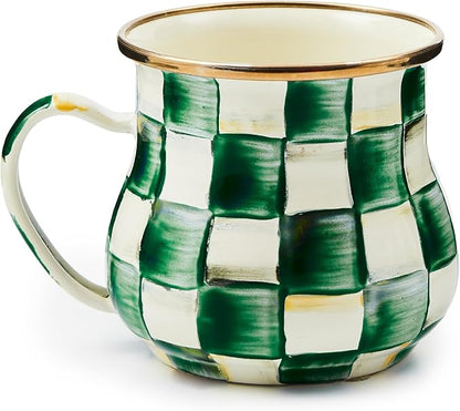 MACKENZIE-CHILDS Enamel Mug, Cute Enamelware Tea or Coffee Mug, 16 Ounces, Green-and-White Emerald Check