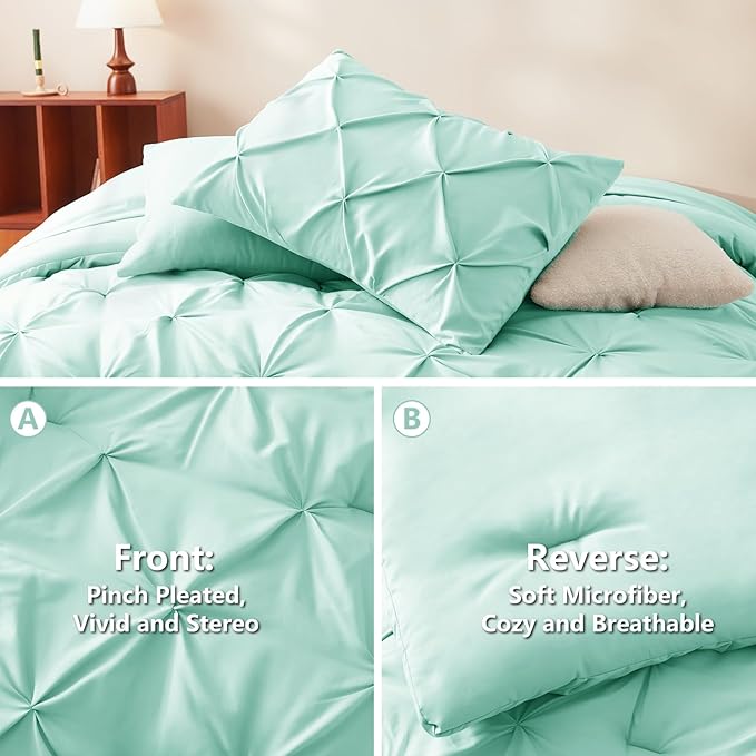 CozyLux Queen Comforter Set Mint Green, 7 Pieces Pintuck Bed in A Bag, Premium Green Comforter Queen Size, Pinch Pleat Bedding Sets with Comforter, Flat Sheet, Fitted Sheet, Pillowcases & Shams